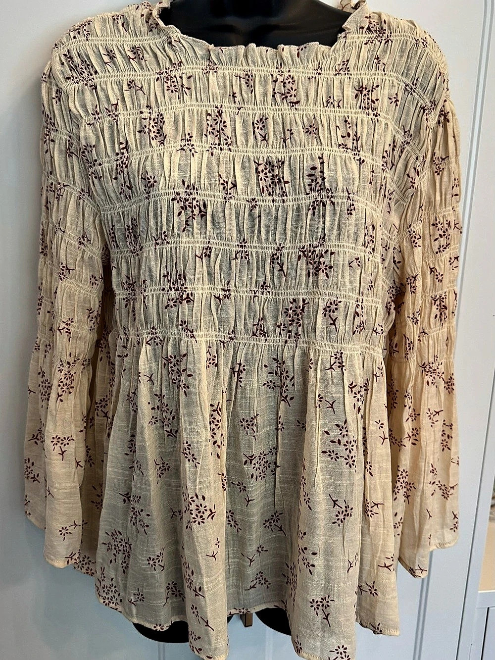 ADIYA Women’s L Cream Rust Floral Smocked Bell Sleeve Peasant Blouse Boho